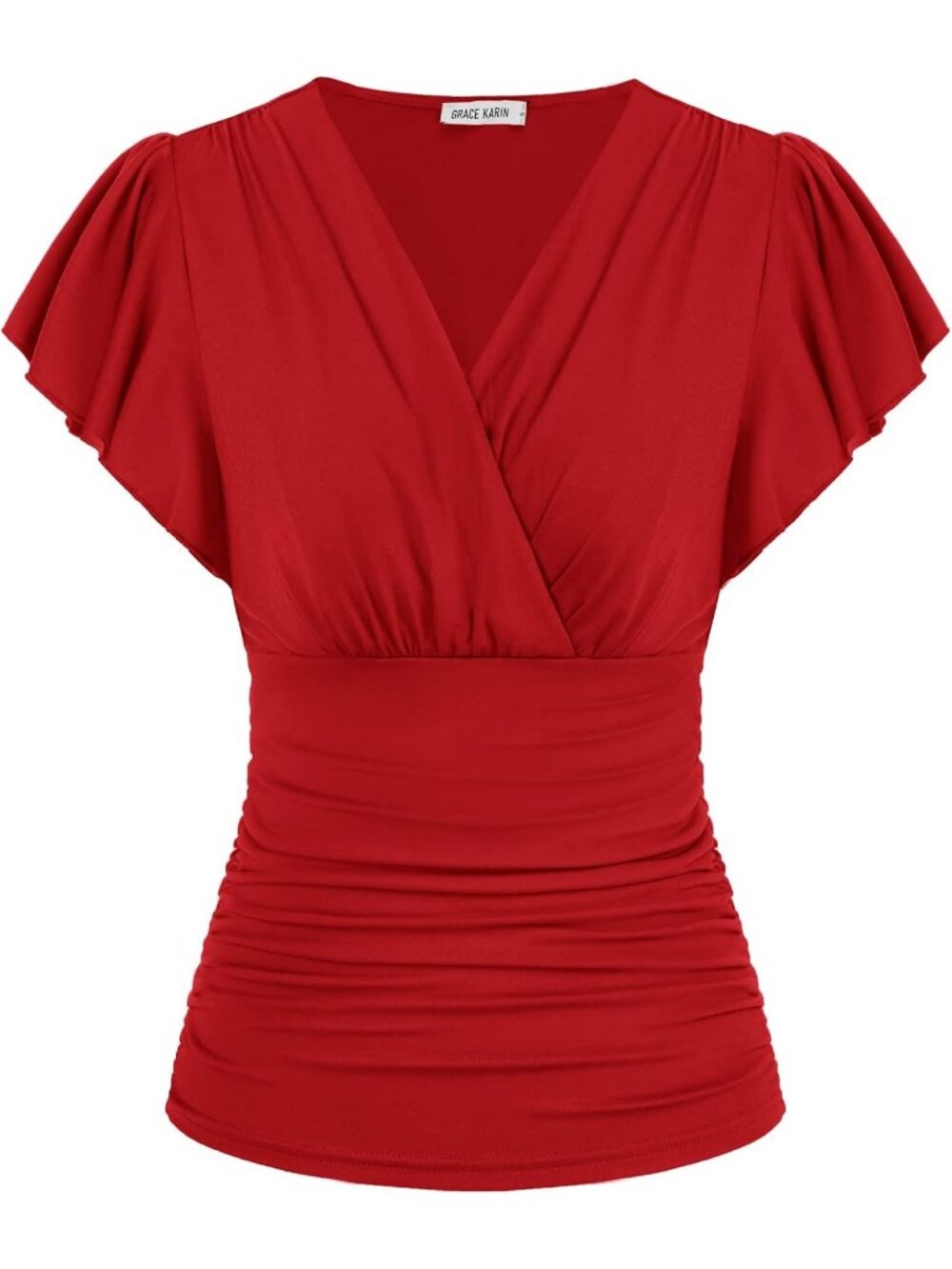 Women's T Shirt  Red V Neck Casual Wrap Blouse Ruffle Sleeve Ruched Soft Summer